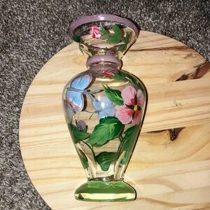 Vintage Hand Painted Floral Glass Vase With Butterflies & Pink-Green Accents 6”